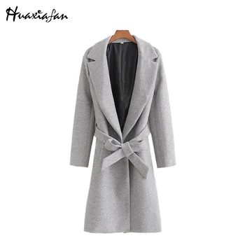 

Huaxiafan women winter elegant woolen coats 2019 fashion Female ladies gray solid turn down collar bow warm casual long outwear