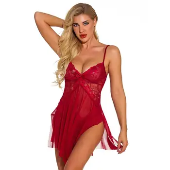 

Summer Sexy Lace Ladies V-neck Open Back Perspective Lace Mini Nightdress Underwear White Sleepwear Set Lingerie For Women