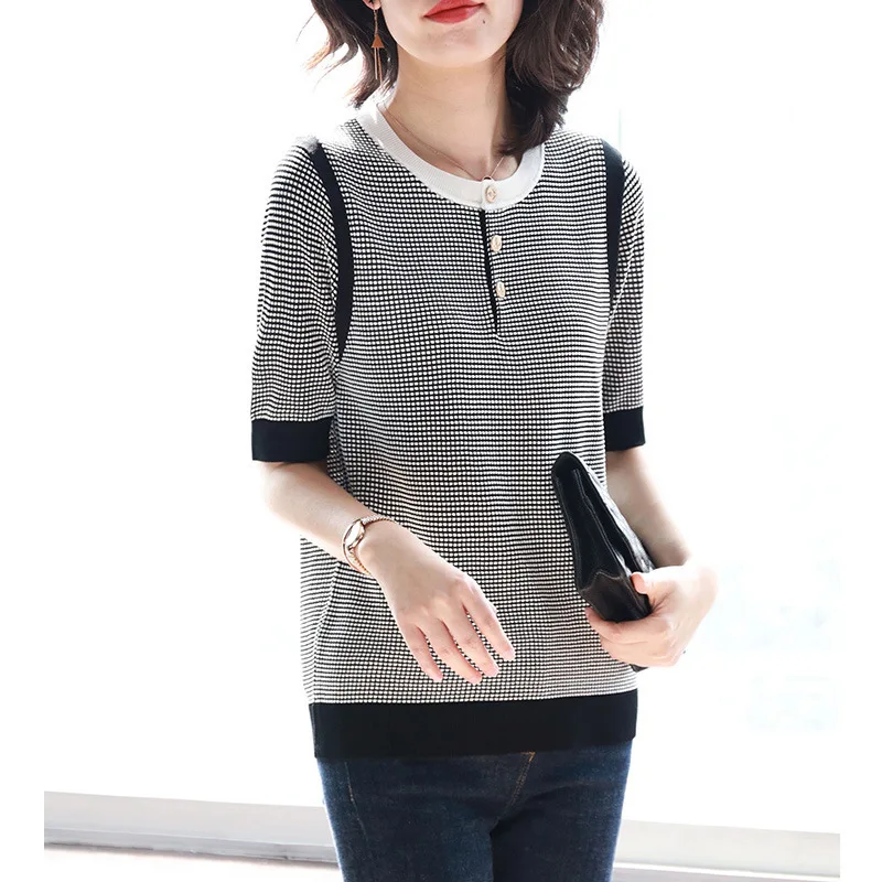 

2019 Summer Short-sleeved Knitted T-shirt Women's Base Shirt Spring Clothing New Style Loose-Fit Korean-style Versitile Fashion