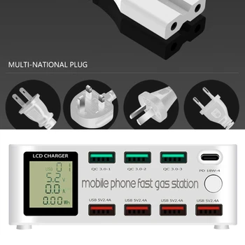 

8-Port QC3.0 USB /Type C PD Fast Charger Station Smart LCD Display Quick Charging Power Adapter for Cellphone Tablet PC