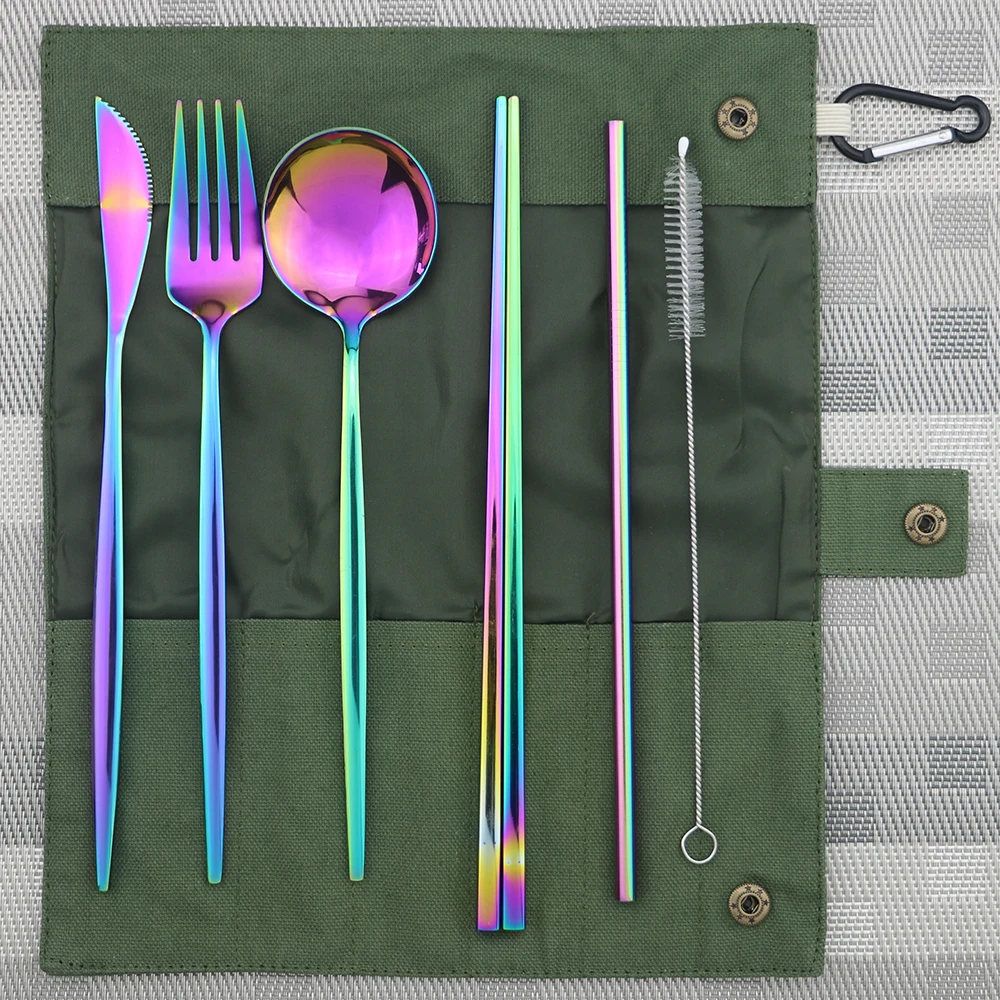 Green B Bag Rainbow Розовое золото 7 шт. из нержавеющей стали для хранения столовых приборов набор ножей вилка ложка портативный набор столовых приборов пикники офисы принадлежности для барбекю - Цвет: Green B Bag Rainbow
