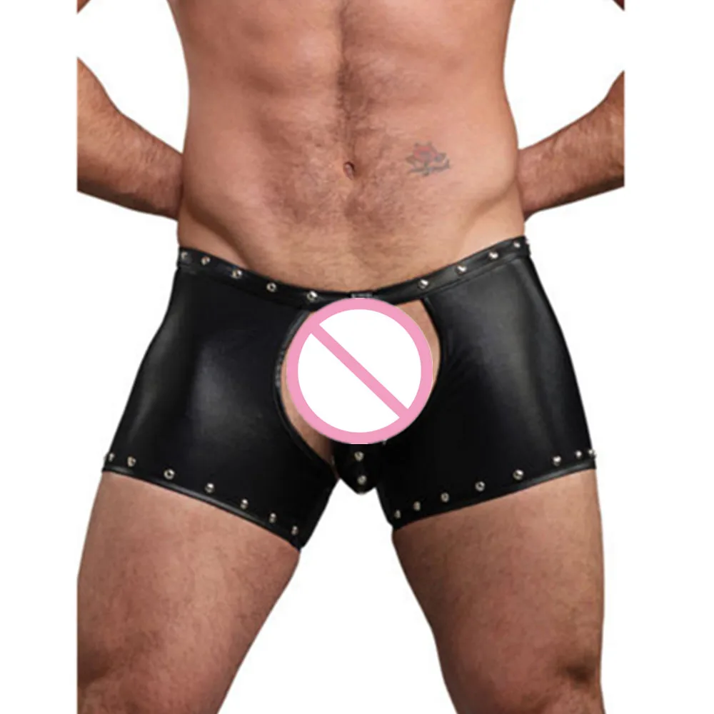 

Punk Gothic Sexy PVC Shorts Men Black Wetlook Panties Hollow Out Gays Erotic Boxers Pole Dance Costume Faux Leather Game Uniform