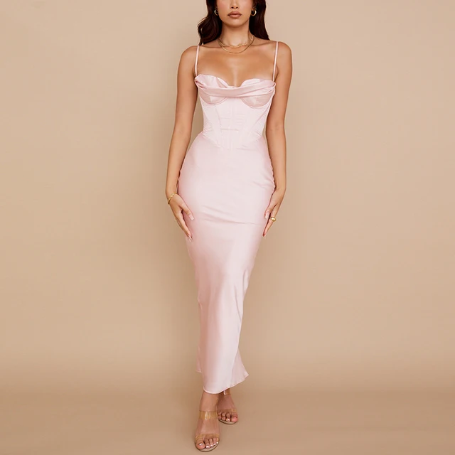 NewAsia Satin Corset Dress 2 Layer Lining Elastic Boned Underwire Split Cut out Cowl Neck Bodycon Dress Woman Sexy Party Dress Pink