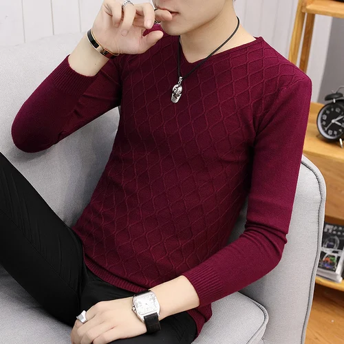 Wine red Зимний свитер мужской модный клетчатый v-образный вырез приталенный Повседневный кашемировый пуловер Молодежный энергичный трикотаж Pull - Цвет: Wine red