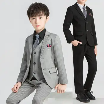 Ceny 2020 Klasyczne Szare Paski Garnitur Chłopięcy 3 Sztuk Slim Fit Dziecko Prom Garnitury ślubne Blazer Kid Tuxedo Na ślub (kurtka + Spodnie + Kamizelka)