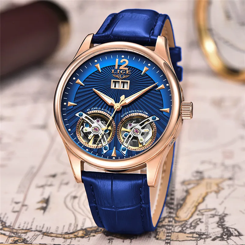 Новинка, LIGE, синие кожаные часы для мужчин, двойные Tourbillon, механические мужские часы, Топ бренд, Роскошные автоматические часы, мужские часы+ коробка