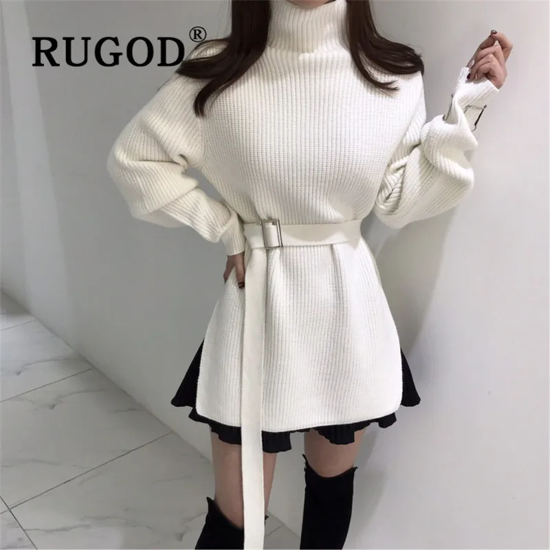 RUGOD, Элегантная туника, свитер с поясом, платье, женская мода, водолазка, длинный рукав, трикотажное платье, сексуальное, с разрезом сбоку, мини платье, vestidos