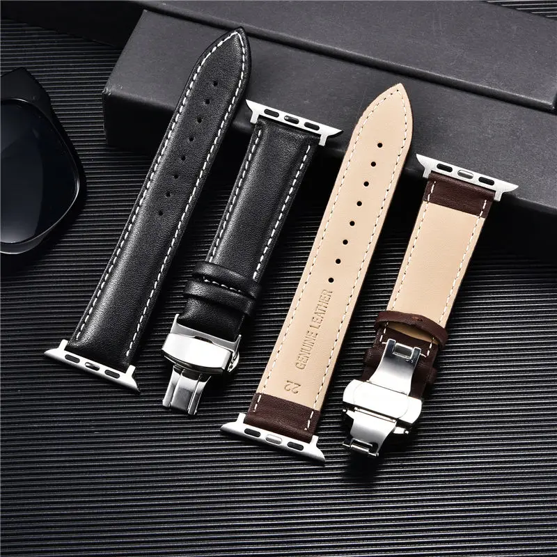รูปสินค้า สายรัดข้อมือหนังแท้ สำหรับ Apple Watch 8/7/6/5/4/3/SE ผีเสื้อ Clasp
