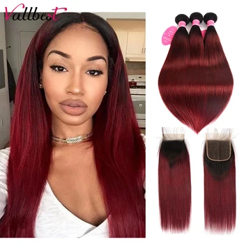 

Vallbest 1B/99J Burgundy Ombre Straight Hair Bundles With Closure Two Tone Human Hair Bundles With Closure Remy Brazilian Hair