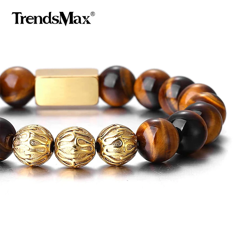 Trendsmax 10 мм натуральный камень бусина растягивающийся браслет для мужчин и женщин драгоценный камень тигровый глаз шарик шарм Настройка браслет с гравировкой PZ017