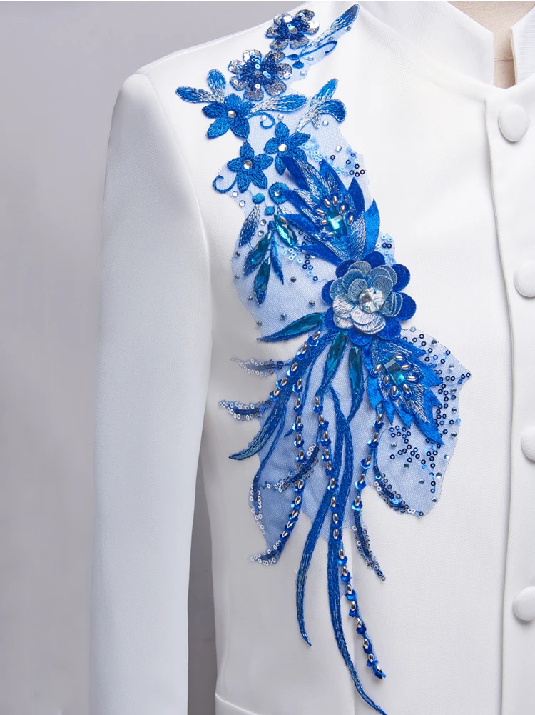 Applique Embroidered Blazers Stand Collar Men's Suit Chinese Tunic Suit Male Singer Performance Stage Wear(Jacket+Pants) S-3XL