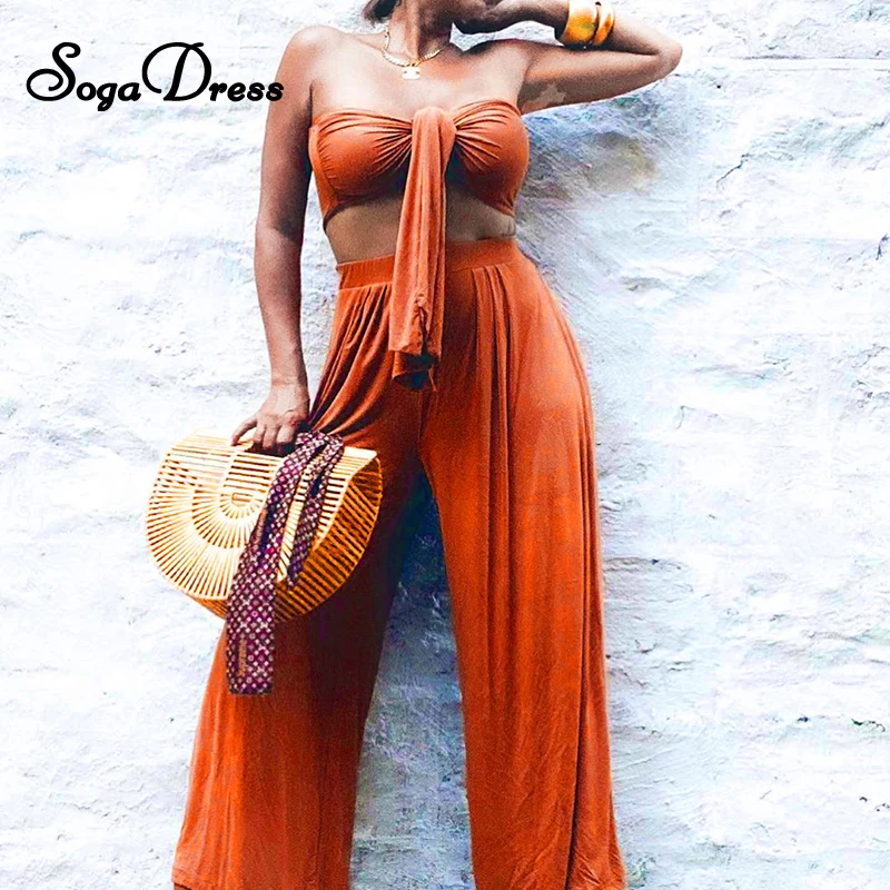 

SOGA DRESS 2020 Autumn Woman Matching Sets Sexy Sleeveless Bandage Strapless Crop Top Wide Leg Pants Two Piece Set Club Outfits