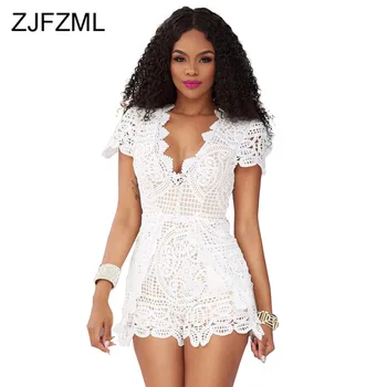

New Hollow Out Lace Rompers Womens Jumpsuit Summer Deep V Neck Short Sleeve Bodycon Overall Elegant Feminino Club Party Playsuit