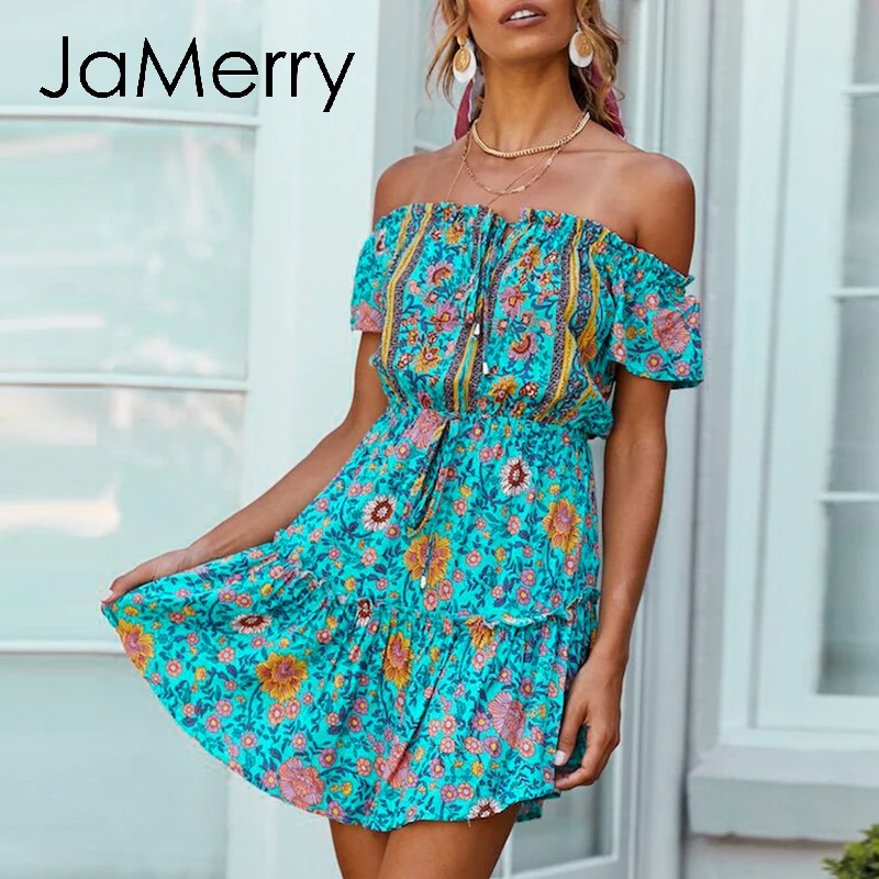 JaMerry, платье с открытыми плечами и цветочным принтом, повседневное Плиссированное ТРАПЕЦИЕВИДНОЕ летнее платье в стиле бохо, женское праздничное Ретро облегающее мини-платье