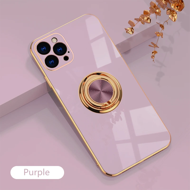 thumbnail image 1 of Luxury Plating Silicone Case For iPhone 15 14 13 12 11 Pro Xs Max Mini SE X XR 7 8 Plus Metal Ring Holder Stand Soft Phone Cover, 1 of 5