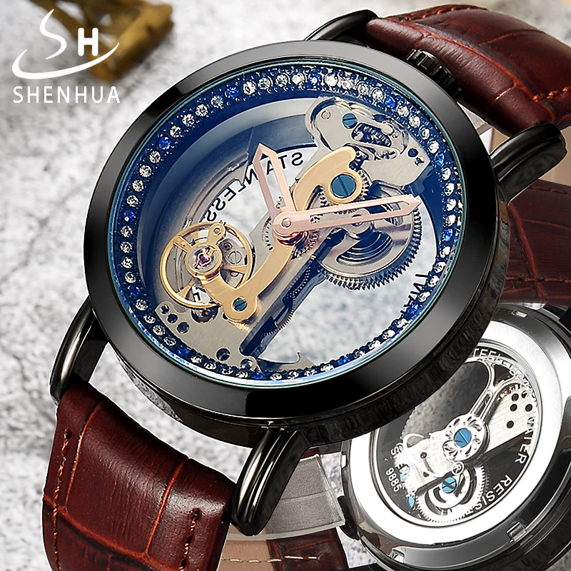 Retro-Bronze-SHENHUA-Men-Automatic-Mechanical-Clock-Transparent-Troubillon-Dial-Genuine-Leather-Watch-Relogio-Masculino