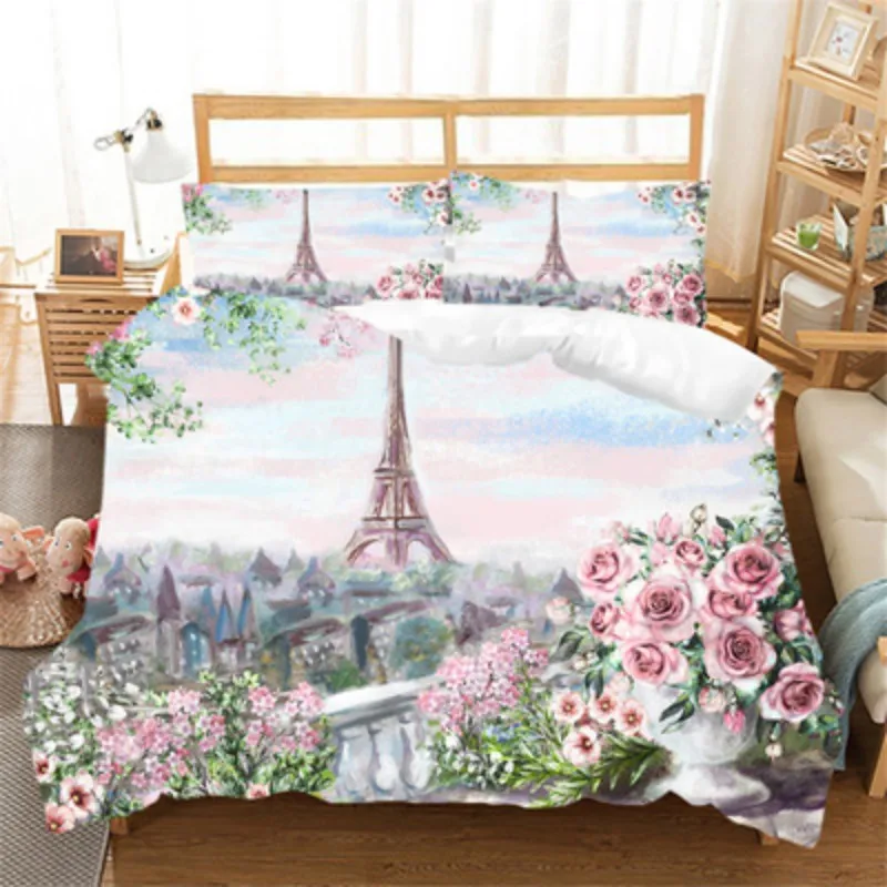 Paris Style Quilt Cover Printed Eiffels Tower Flower Hot Air Balloon Bedding Set Girl Bedroom Textiles Decoration Bedclothes | Дом и сад