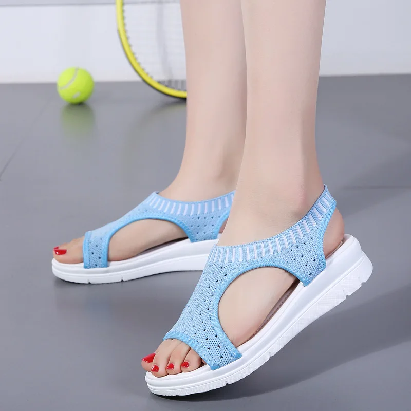 

New Style Sandals Women's Large Size Fly Woven Slanted Heel Sports WOMEN'S Sandals Thick Bottomed Korean-style Fish Mouth Casual