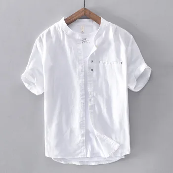 

2020 MEN'S Short Sleeve Shirt Stand Collar Cotton Linen Shirt Teenager Comfortable Breathable Solid Color Shirt
