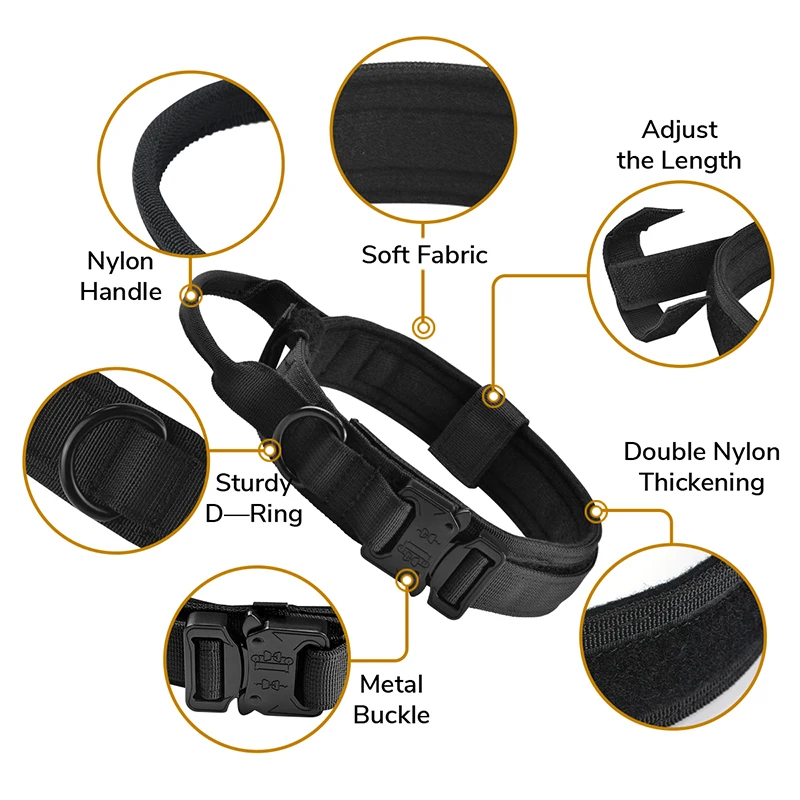 1050D Nylon Tactical Dog Collar and Double Handle Bungee Leash Adjustable Military Pet Dog Training Collar with Reflective Rope