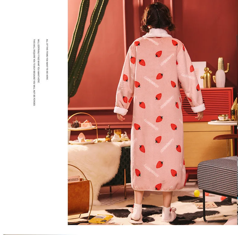 Милые Клубничные, плотные ночные рубашки, зимний банный халат, женские пижамы, банный фланелевый теплый халат, одежда для сна, женские халаты, коралловый бархат