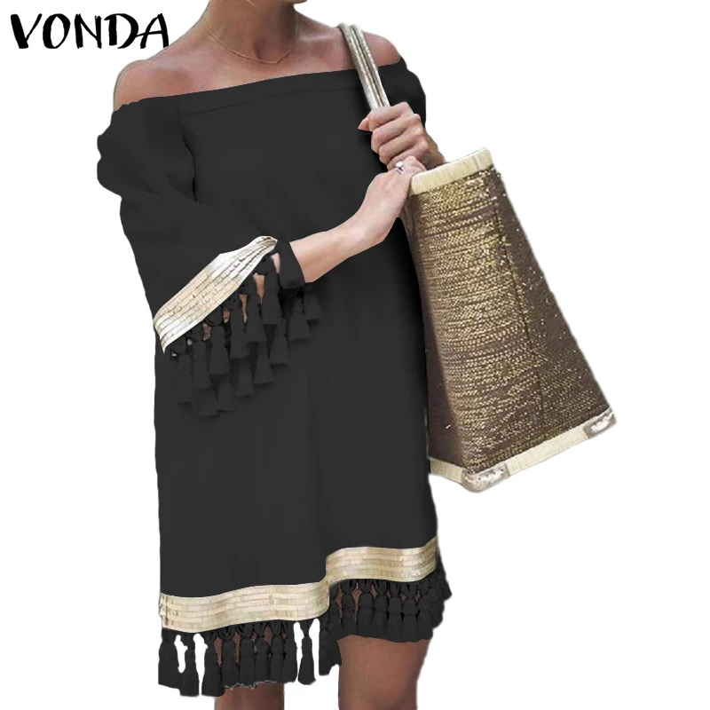 VONDA, осеннее платье,, сексуальное, с расклешенными рукавами, богемное, для вечеринки, платья, свободные, с кисточками, кружевное, сарафан, богемный стиль, Vestidos, S-5XL, Одноцветный Халат