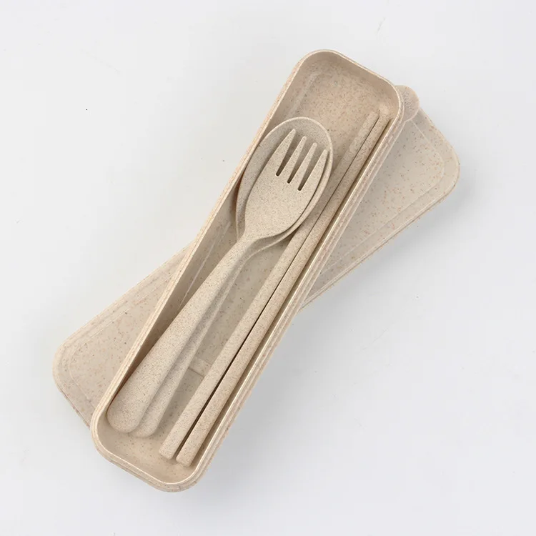 Wheat Portable Tableware Three-piece Originality Travel Scoop Chopstick Fork Suit Student Gift Box