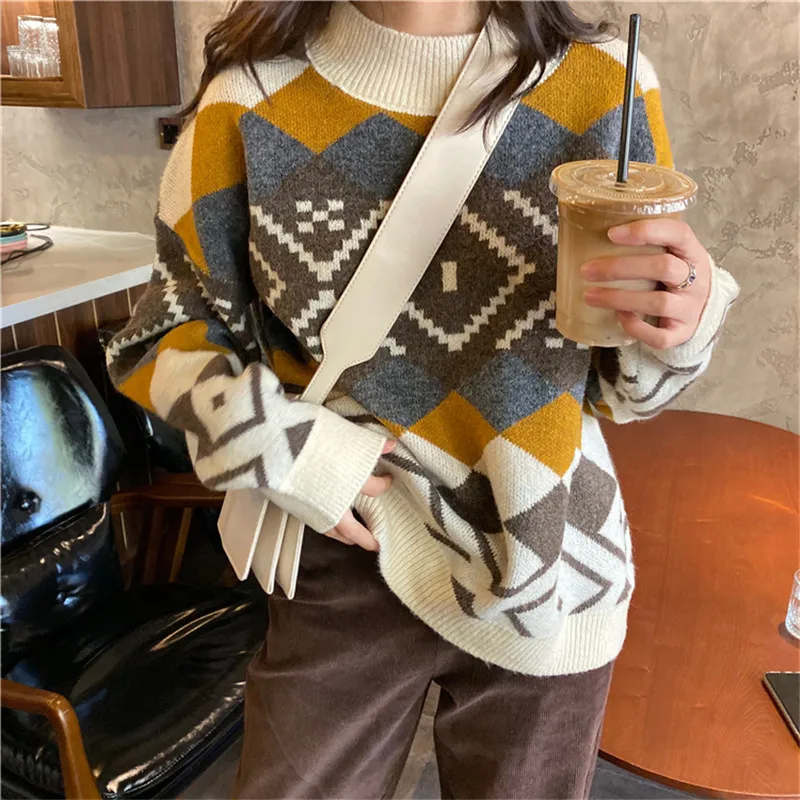

Vintage Argyle Woman's Jersey 2020 Korean Casual O-Neck Long Sleeve Oversized Sweater Female All Match Knitwear YYQX36