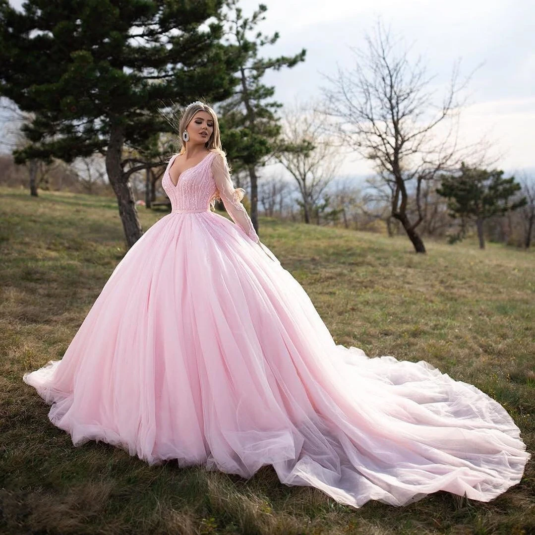 Lange Mouwen Baljurk Quinceanera Jurken Roze Zoete 15 16 Jurk Kapel Trein Prinses Partij Jassen Vestidos Quinceanera Lange Mouwen Baljurk Quinceanera Jurken Roze Zoete 15 16 Jurk Kapel Trein Prinses Partij Jassen Vestidos Quinceanera