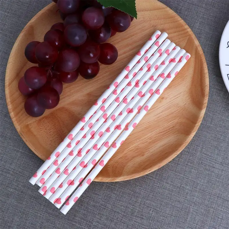 50pcs Party Paper Straw Environment-friendly Drinking Straw Love Heart Printing Paper Straw Disposable Paper Pipette
