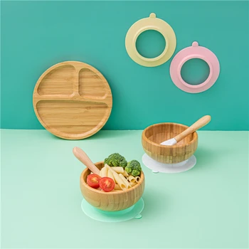 

Baby Feeding Bowl Baby Dinner Plate Wooden Kids Feeding Dinnerware With Silicone Suction Cup Wooden Fork Spoon Children's Dishes
