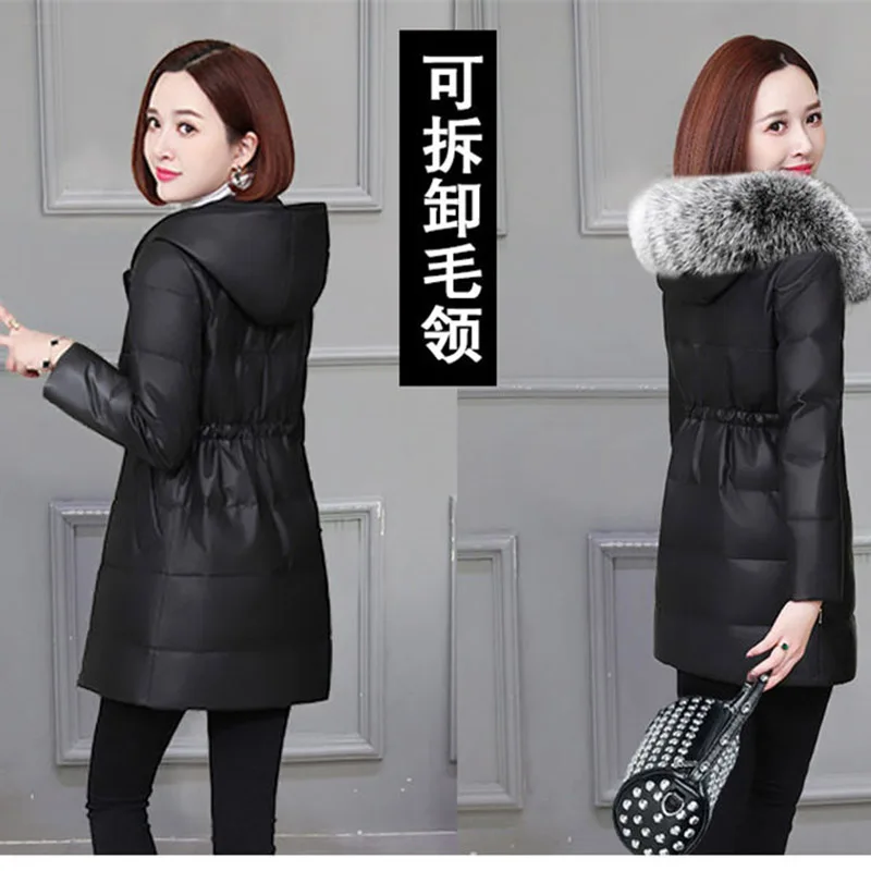 Hooded Leather Fur Jacket Women\'s Mid-Length Winter New PU Leather Down Cotton Coat Slim Parkas Mujer Abrigos M308