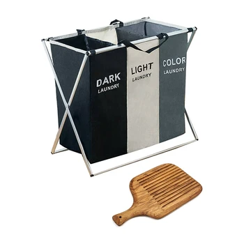 

2 Pcs Home Accessories: 1 Pcs 3 Sections Basket Hamper & 1 Pcs Acacia Chopping Blocks Tray Pallet With Handle