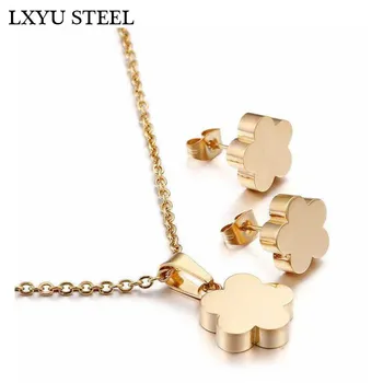 

316L Stainless Steel Fashion Jewelry Set Necklace Pendant & Earrings Sets With Flower Gold Sets For Women Wedding Gift