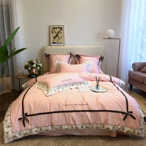 Pale pink helin Ins Американский ретро ромашка клубника любовь 1000 птица решетки 60S длинноволокнистый хлопок 4 шт постельные принадлежности набор хлопок m1.8m2m - Color: Pale pink helin