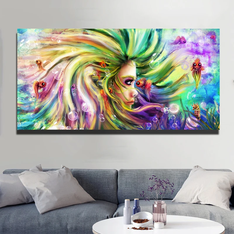 Colorful Canvas Painting Mermaid Pictures For Living Room Wall Art Printed Beautiful Girl Decor Frame | Дом и сад