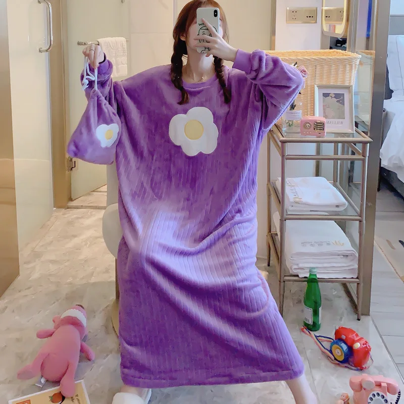 

Coral Velvet Pajamas Female Spring Autumn & Winter Nightgown Korean-style Long Loose And Plus-sized Flannel Cute Spring Home Wea