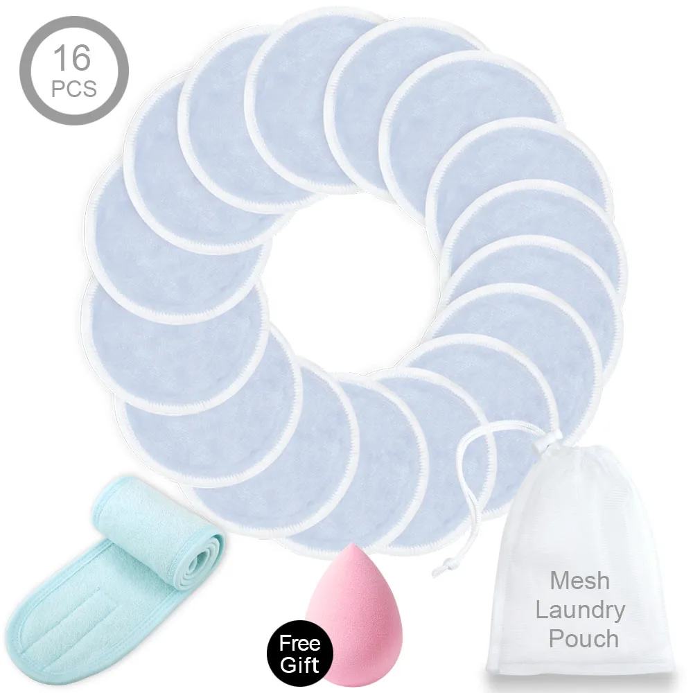 16blue and Headband Многоразовые подушечки для снятия макияжа из микрофибры Моющиеся ватные диски и повязка на голову для лица Make Up wrap Head махровая ткань с мешком для стирки - Цвет: 16blue and Headband