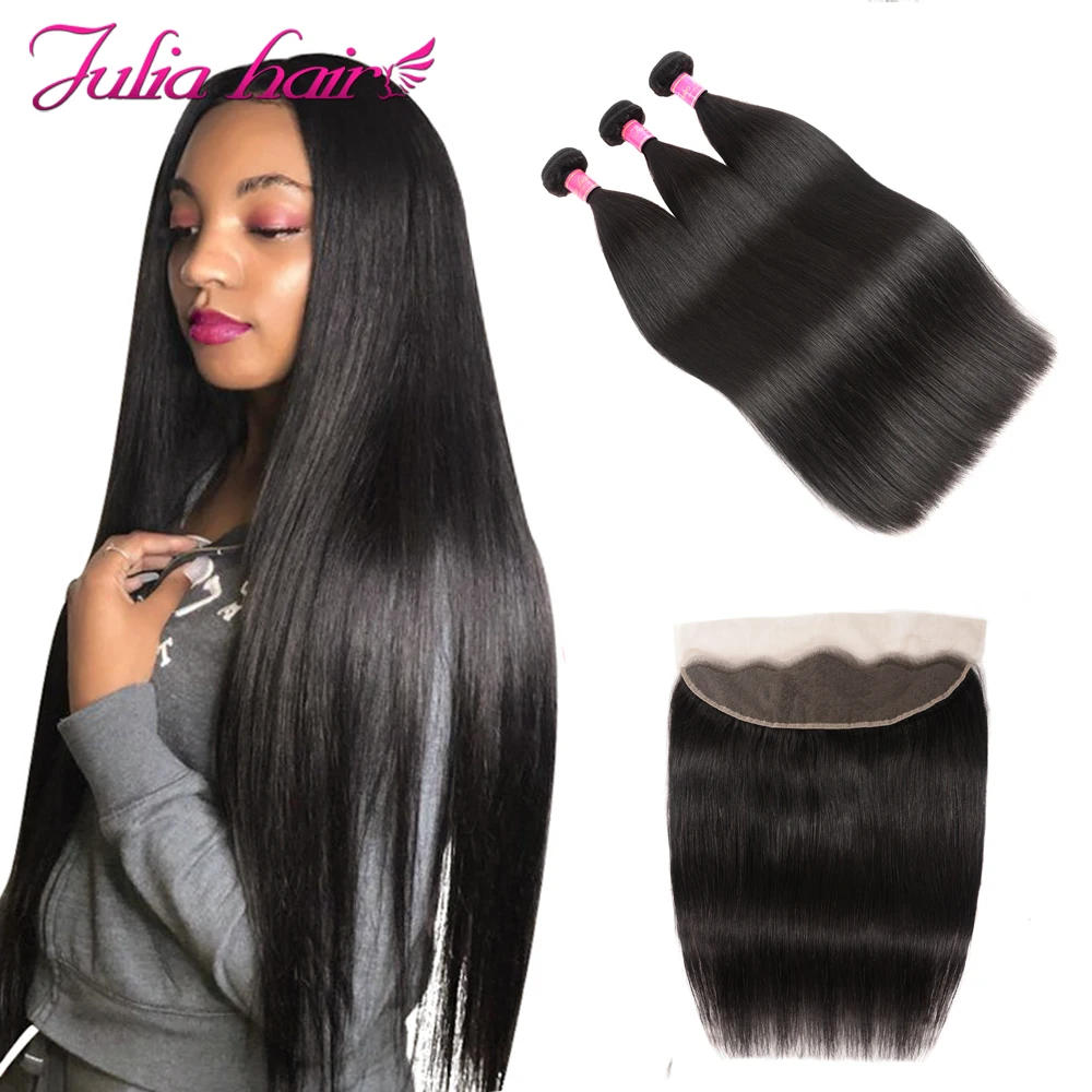 Ali Julia 100% Brazilian Straight Human Hair Lace Frontal Closure With 3 Bundles 134 Pre Plucked Frontal Natural Color Remy