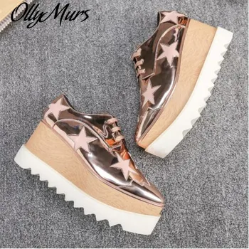 

Fashion Designer Mixed Color Elyse Stars Patchwork Women Platform Shoes Ladies Lace Up Wedge Casual Shoes Female Runway Shoes