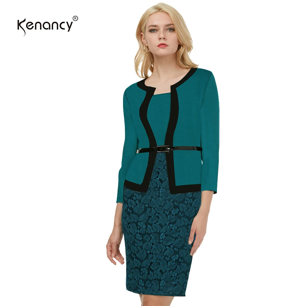 Kenancy, модное, контрастное, цветное, стильное, женское платье для работы, 3/4 рукава, имитация двух частей, платье-карандаш, в горошек, с поясом