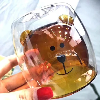 

Creative Cartoon Bear Milk Mug Double Layer Heat Resistant Tea Cup High Borosilicate Glass Handmade Lead-Free Kitchen Drinkware