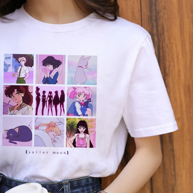 Sailor Moon Kawaii Harajuku футболка женская Ullzang забавная футболка с рисунком аниме кошки 90s корейский стиль Футболка Модный Графический Топ Женская