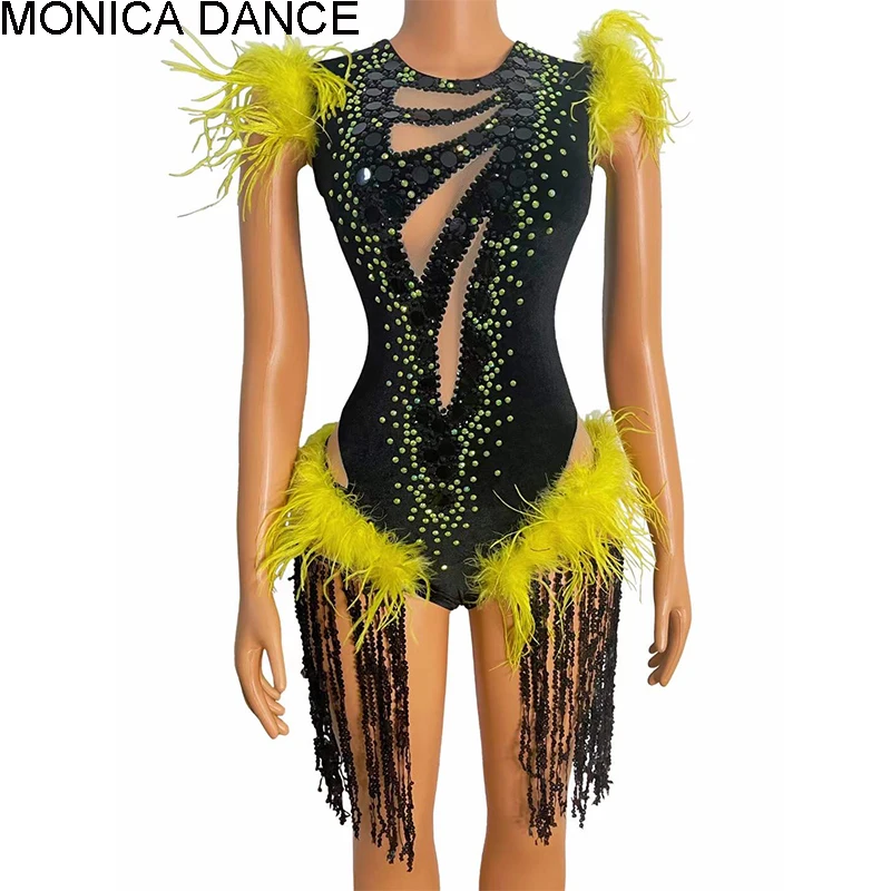 

Women Sexy Black Sequin Fringe Yellow Rhinestone Feather Bodysuit Women Dancer Singer Stage Wear Birthday Prom Celebrate Outfit