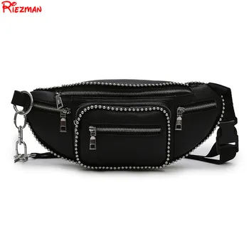 

Punk Vintage Rivets Chest Bag Women Steampunk Fanny Pack Belt Black Waist Bag Moto Biker Shoulder Messenger Motorcycle Bag