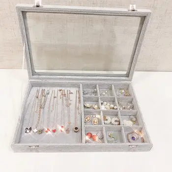 

Transparent Lid Velvet Grid Jewelry Tray Stackable Display Display Showcase Lock Q6PF