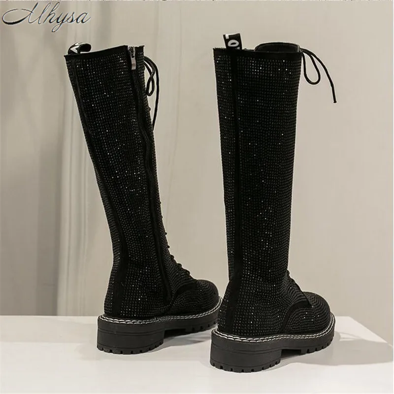 Mhysa/ г.; облегающие высокие сапоги; женские зимние сапоги; женские сапоги на плоской подошве; пикантная модная обувь со стразами; Цвет Черный; botas mujer; L999