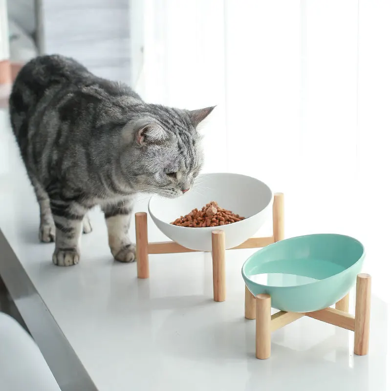 Ceramic Pet Bowl Cat Bowl With Wood Stand Protection Cervical Spine Pet Feeder Drinking Bowls for Cats Dogs Food Water Bowl
