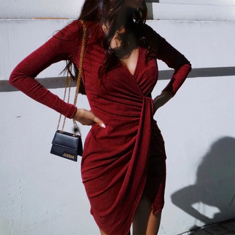 Женские осенние ребристые Асимметричные с длинным рукавом глубокий v образный