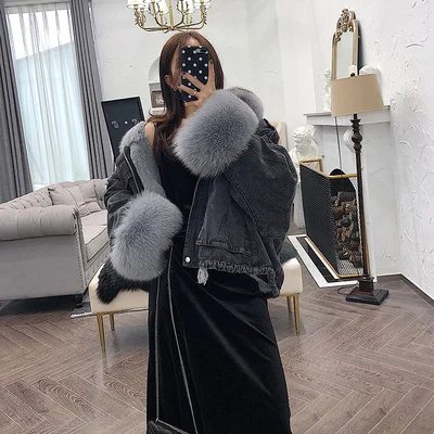 black gray Зимняя куртка женская из натурального Лисьего меха воротник манжеты подкладка из кролика джинсовая парка Теплая Свободная верхняя одежда уличная съемная - Цвет: black gray